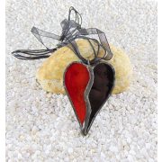 Üveg medál - fekete, piros, szív alakú, 4,5x6 cm