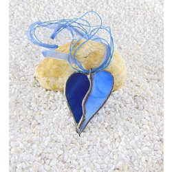   Üveg medál - sötétkék, világoskék szív alakú, 4,5x6 cm