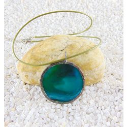 Üveg medál - türkizkék, türkizzöld kör alakú, 4 cm